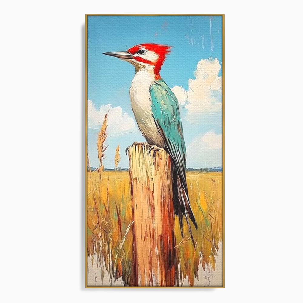 Leinwand Wandbilder Leinwand Premium, LuxCanva® M1082, Golden Camp Sentinel, Specht, Vogel, Campie, Rustikal, Rustikal, Fliegen, Vegetation, Grau, Lan, Natur, Pfahl, Büro, Wohnen, Kinderzimmer