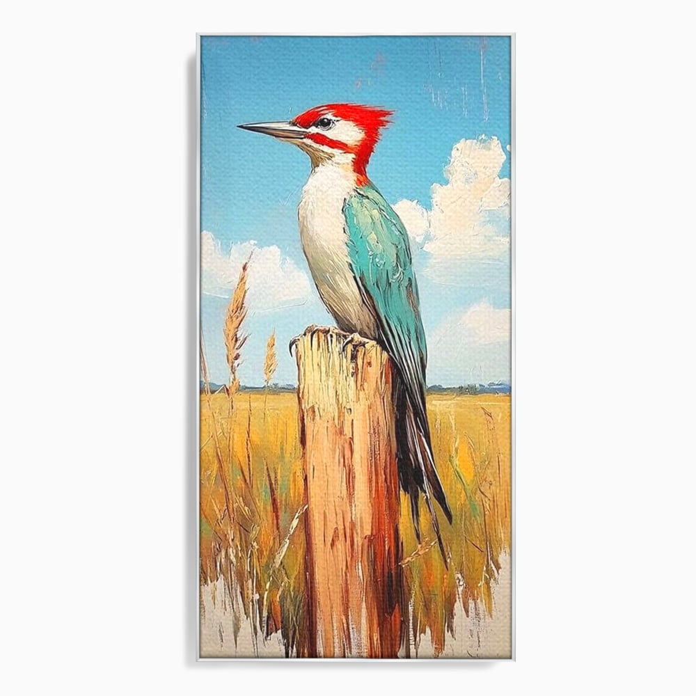 Leinwand Wandbilder Leinwand Premium, LuxCanva® M1082, Golden Camp Sentinel, Specht, Vogel, Campie, Rustikal, Rustikal, Fliegen, Vegetation, Grau, Lan, Natur, Pfahl, Büro, Wohnen, Kinderzimmer