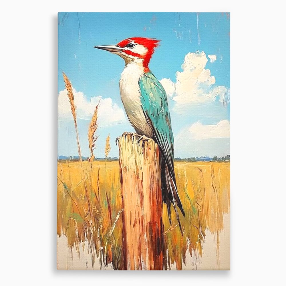 Leinwand Wandbilder Leinwand Premium, LuxCanva® M1082, Golden Camp Sentinel, Specht, Vogel, Campie, Rustikal, Rustikal, Fliegen, Vegetation, Grau, Lan, Natur, Pfahl, Büro, Wohnen, Kinderzimmer
