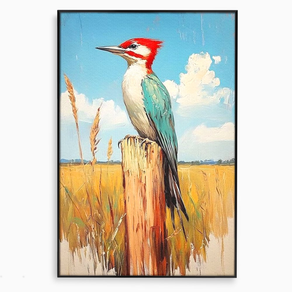 Leinwand Wandbilder Leinwand Premium, LuxCanva® M1082, Golden Camp Sentinel, Specht, Vogel, Campie, Rustikal, Rustikal, Fliegen, Vegetation, Grau, Lan, Natur, Pfahl, Büro, Wohnen, Kinderzimmer