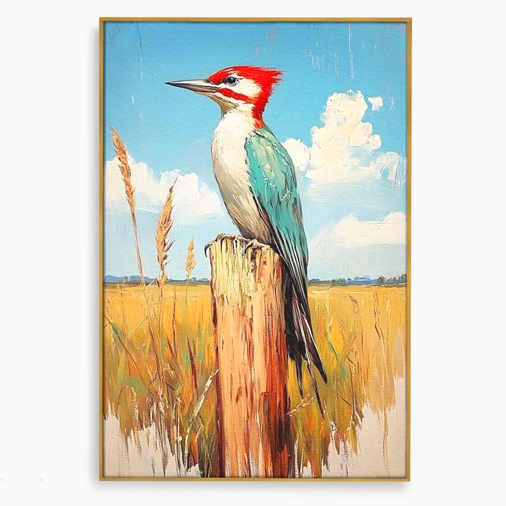 Leinwand Wandbilder Leinwand Premium, LuxCanva® M1082, Golden Camp Sentinel, Specht, Vogel, Campie, Rustikal, Rustikal, Fliegen, Vegetation, Grau, Lan, Natur, Pfahl, Büro, Wohnen, Kinderzimmer