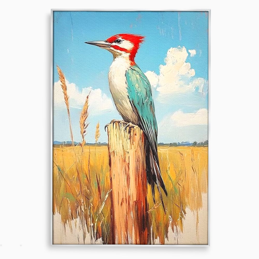 Leinwand Wandbilder Leinwand Premium, LuxCanva® M1082, Golden Camp Sentinel, Specht, Vogel, Campie, Rustikal, Rustikal, Fliegen, Vegetation, Grau, Lan, Natur, Pfahl, Büro, Wohnen, Kinderzimmer