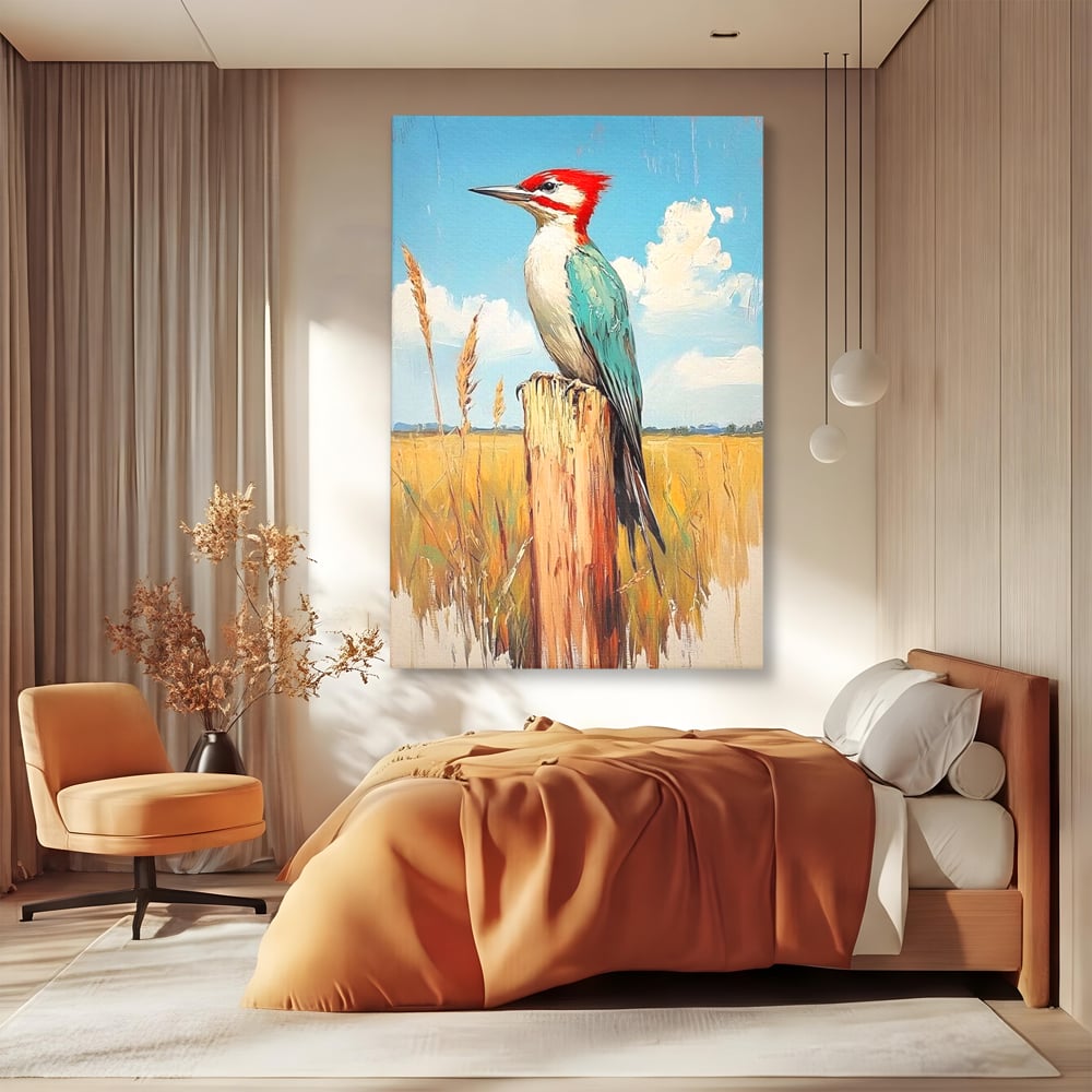 Leinwand Wandbilder Leinwand Premium, LuxCanva® M1082, Golden Camp Sentinel, Specht, Vogel, Campie, Rustikal, Rustikal, Fliegen, Vegetation, Grau, Lan, Natur, Pfahl, Büro, Wohnen, Kinderzimmer