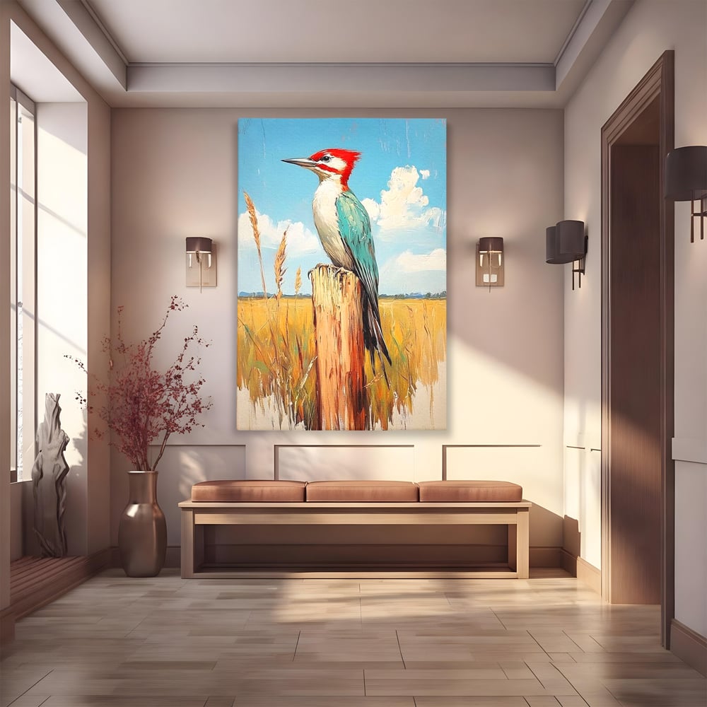 Leinwand Wandbilder Leinwand Premium, LuxCanva® M1082, Golden Camp Sentinel, Specht, Vogel, Campie, Rustikal, Rustikal, Fliegen, Vegetation, Grau, Lan, Natur, Pfahl, Büro, Wohnen, Kinderzimmer