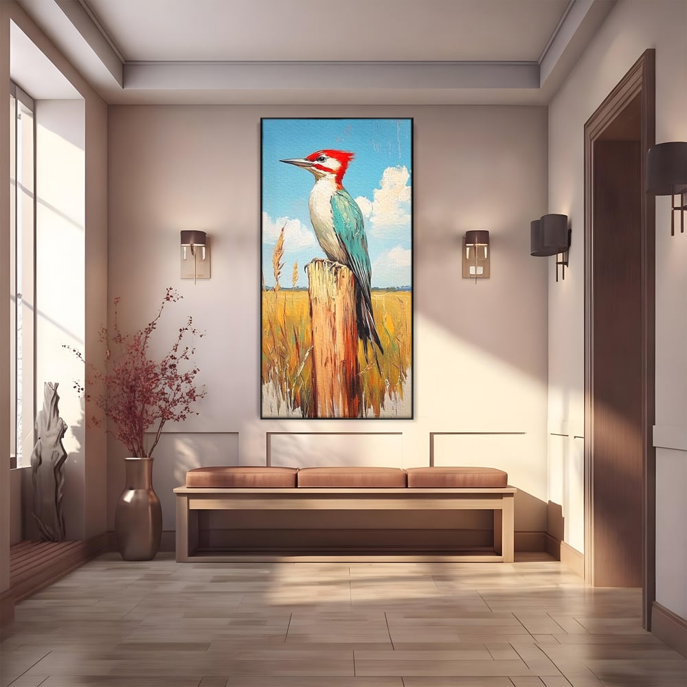 Leinwand Wandbilder Leinwand Premium, LuxCanva® M1082, Golden Camp Sentinel, Specht, Vogel, Campie, Rustikal, Rustikal, Fliegen, Vegetation, Grau, Lan, Natur, Pfahl, Büro, Wohnen, Kinderzimmer