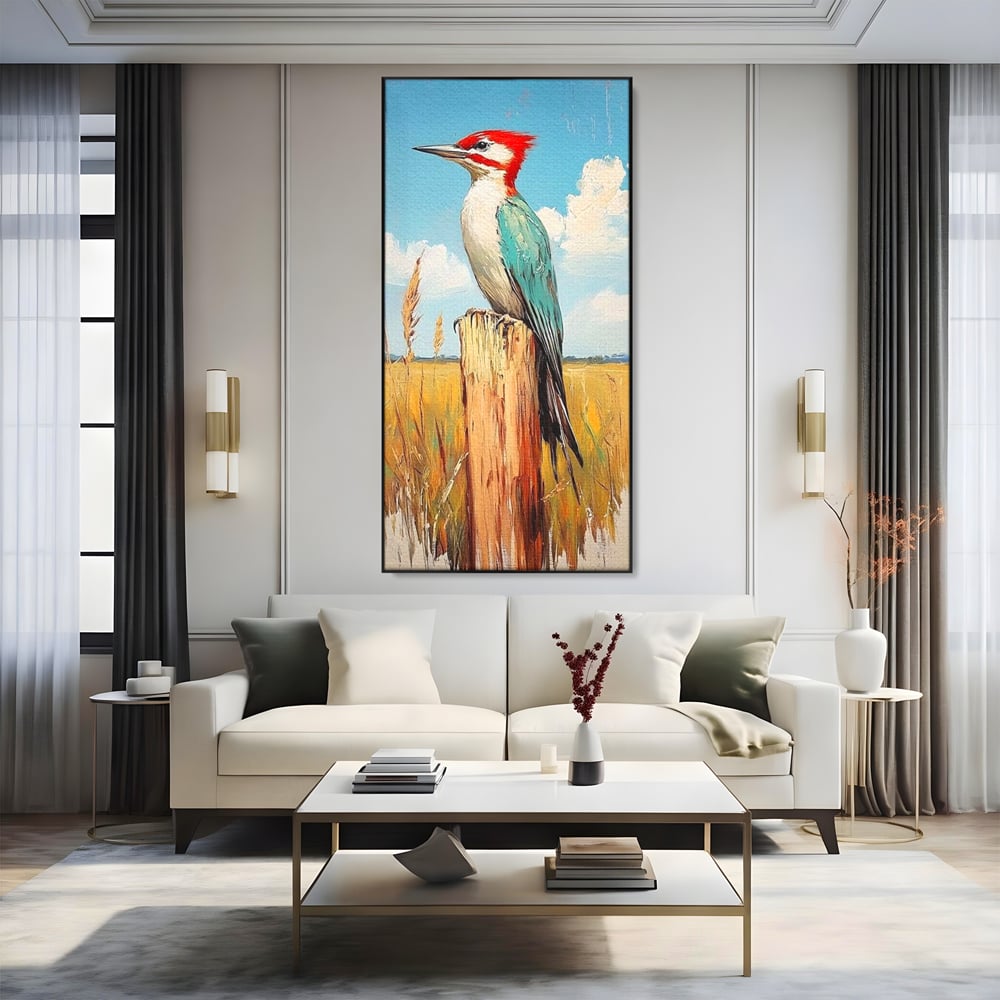 Leinwand Wandbilder Leinwand Premium, LuxCanva® M1082, Golden Camp Sentinel, Specht, Vogel, Campie, Rustikal, Rustikal, Fliegen, Vegetation, Grau, Lan, Natur, Pfahl, Büro, Wohnen, Kinderzimmer