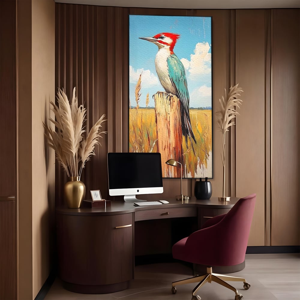 Leinwand Wandbilder Leinwand Premium, LuxCanva® M1082, Golden Camp Sentinel, Specht, Vogel, Campie, Rustikal, Rustikal, Fliegen, Vegetation, Grau, Lan, Natur, Pfahl, Büro, Wohnen, Kinderzimmer