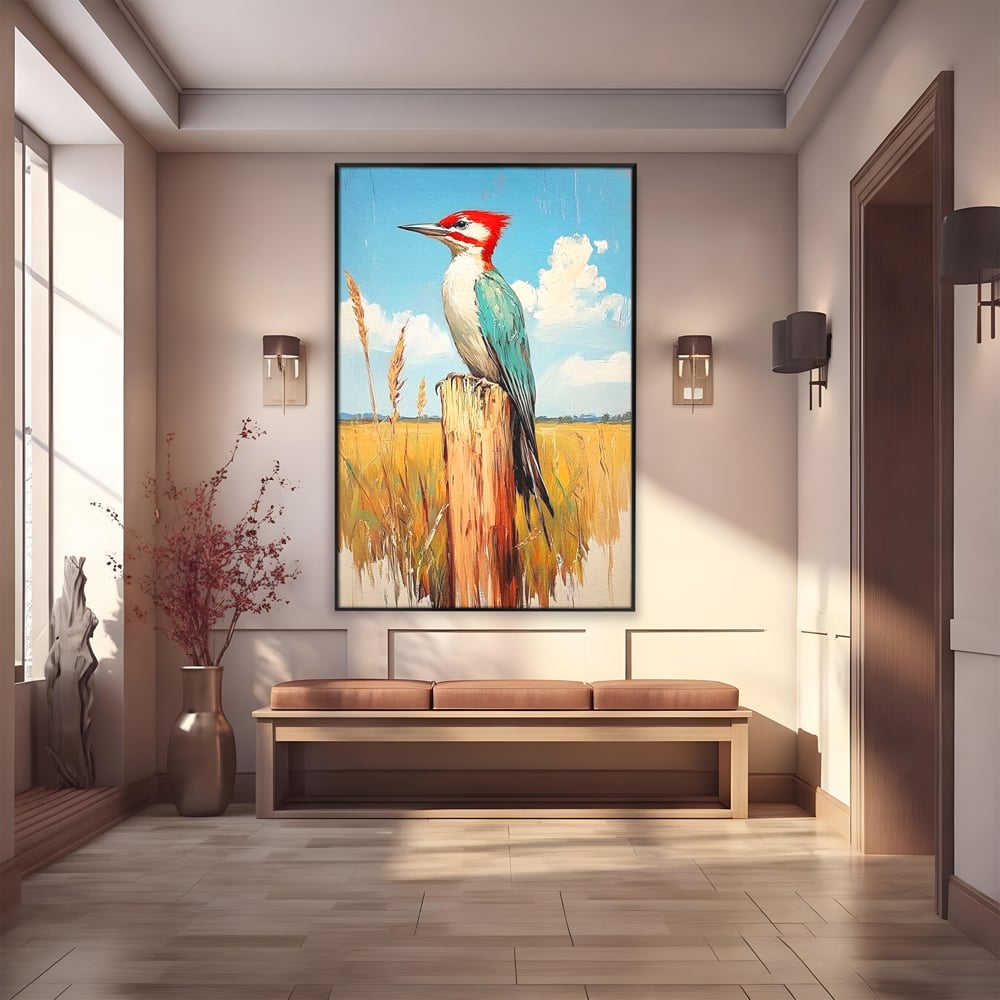 Leinwand Wandbilder Leinwand Premium, LuxCanva® M1082, Golden Camp Sentinel, Specht, Vogel, Campie, Rustikal, Rustikal, Fliegen, Vegetation, Grau, Lan, Natur, Pfahl, Büro, Wohnen, Kinderzimmer