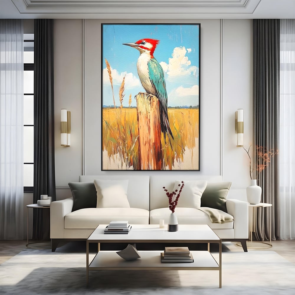 Leinwand Wandbilder Leinwand Premium, LuxCanva® M1082, Golden Camp Sentinel, Specht, Vogel, Campie, Rustikal, Rustikal, Fliegen, Vegetation, Grau, Lan, Natur, Pfahl, Büro, Wohnen, Kinderzimmer