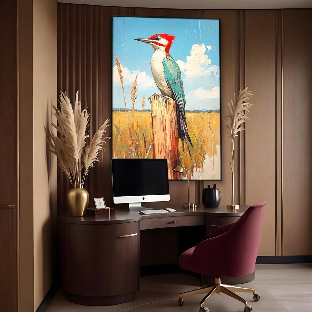 Leinwand Wandbilder Leinwand Premium, LuxCanva® M1082, Golden Camp Sentinel, Specht, Vogel, Campie, Rustikal, Rustikal, Fliegen, Vegetation, Grau, Lan, Natur, Pfahl, Büro, Wohnen, Kinderzimmer