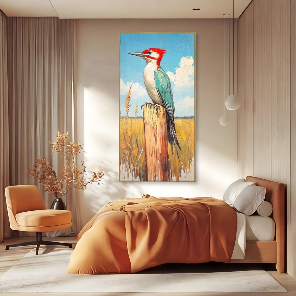 Leinwand Wandbilder Leinwand Premium, LuxCanva® M1082, Golden Camp Sentinel, Specht, Vogel, Campie, Rustikal, Rustikal, Fliegen, Vegetation, Grau, Lan, Natur, Pfahl, Büro, Wohnen, Kinderzimmer