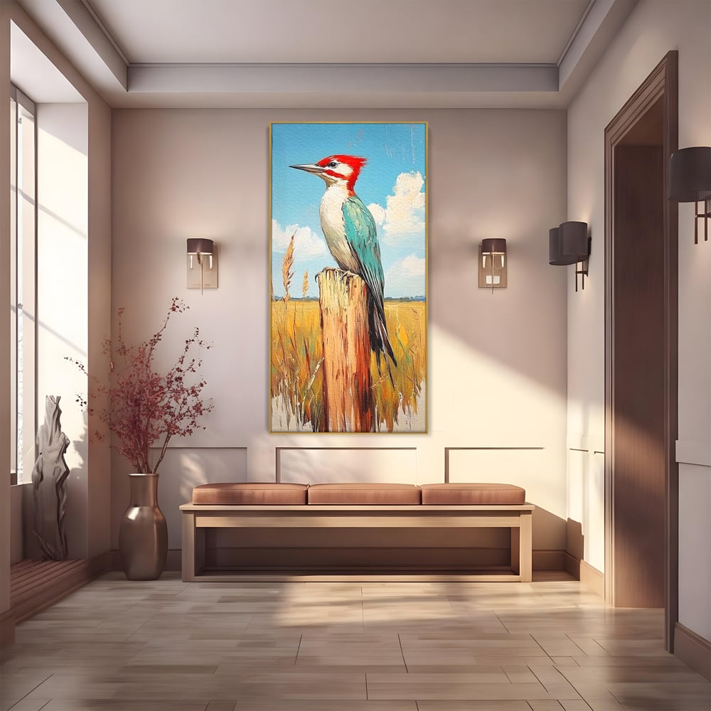 Leinwand Wandbilder Leinwand Premium, LuxCanva® M1082, Golden Camp Sentinel, Specht, Vogel, Campie, Rustikal, Rustikal, Fliegen, Vegetation, Grau, Lan, Natur, Pfahl, Büro, Wohnen, Kinderzimmer