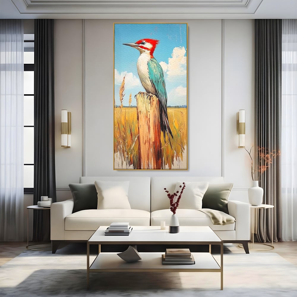 Leinwand Wandbilder Leinwand Premium, LuxCanva® M1082, Golden Camp Sentinel, Specht, Vogel, Campie, Rustikal, Rustikal, Fliegen, Vegetation, Grau, Lan, Natur, Pfahl, Büro, Wohnen, Kinderzimmer