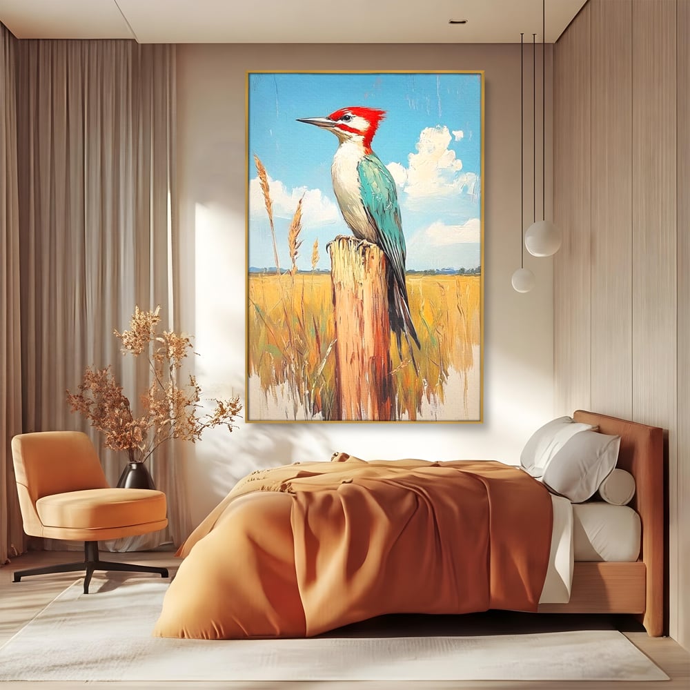 Leinwand Wandbilder Leinwand Premium, LuxCanva® M1082, Golden Camp Sentinel, Specht, Vogel, Campie, Rustikal, Rustikal, Fliegen, Vegetation, Grau, Lan, Natur, Pfahl, Büro, Wohnen, Kinderzimmer