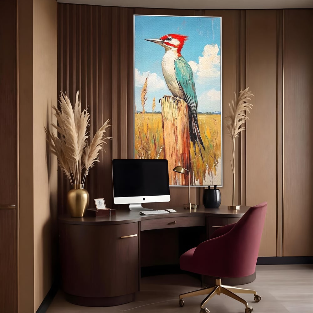 Leinwand Wandbilder Leinwand Premium, LuxCanva® M1082, Golden Camp Sentinel, Specht, Vogel, Campie, Rustikal, Rustikal, Fliegen, Vegetation, Grau, Lan, Natur, Pfahl, Büro, Wohnen, Kinderzimmer
