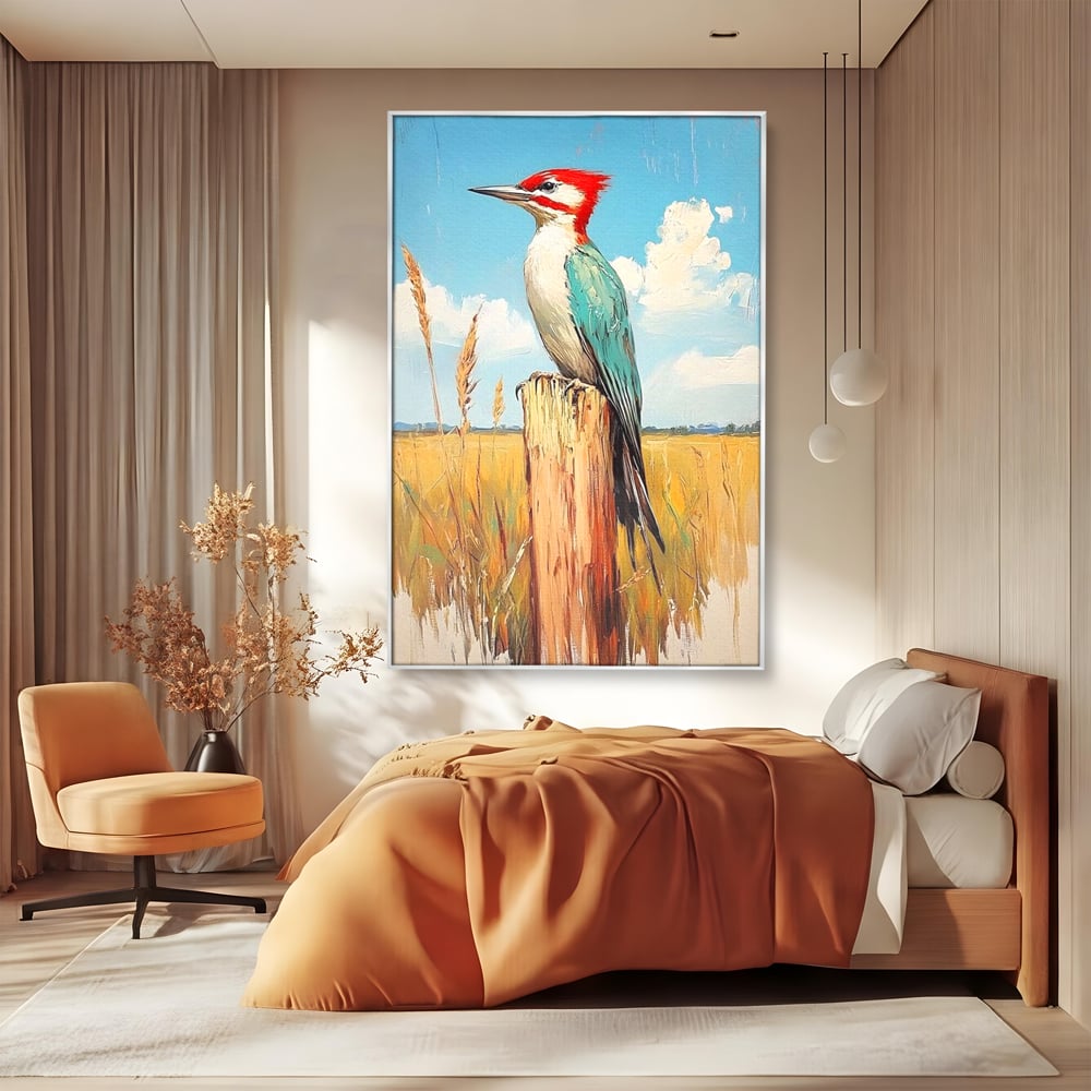 Leinwand Wandbilder Leinwand Premium, LuxCanva® M1082, Golden Camp Sentinel, Specht, Vogel, Campie, Rustikal, Rustikal, Fliegen, Vegetation, Grau, Lan, Natur, Pfahl, Büro, Wohnen, Kinderzimmer
