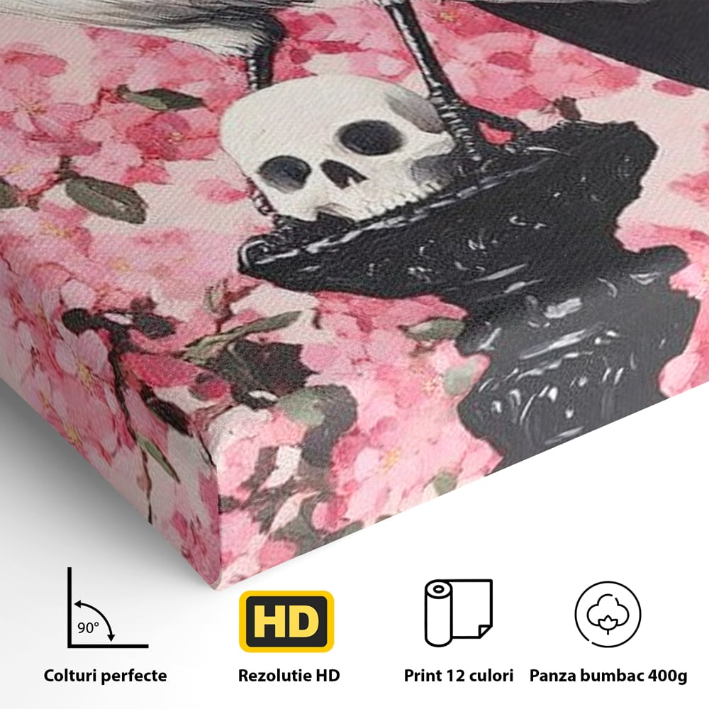 Tablou Canvas Premium, LuxCanva® M1083, Primavara Nemuritoare, Corb, Primavara, Melancolie, Anotimp, Simbolism, Flori, Roz, Negru, Piedestal, Birou, Living, Camera Copil