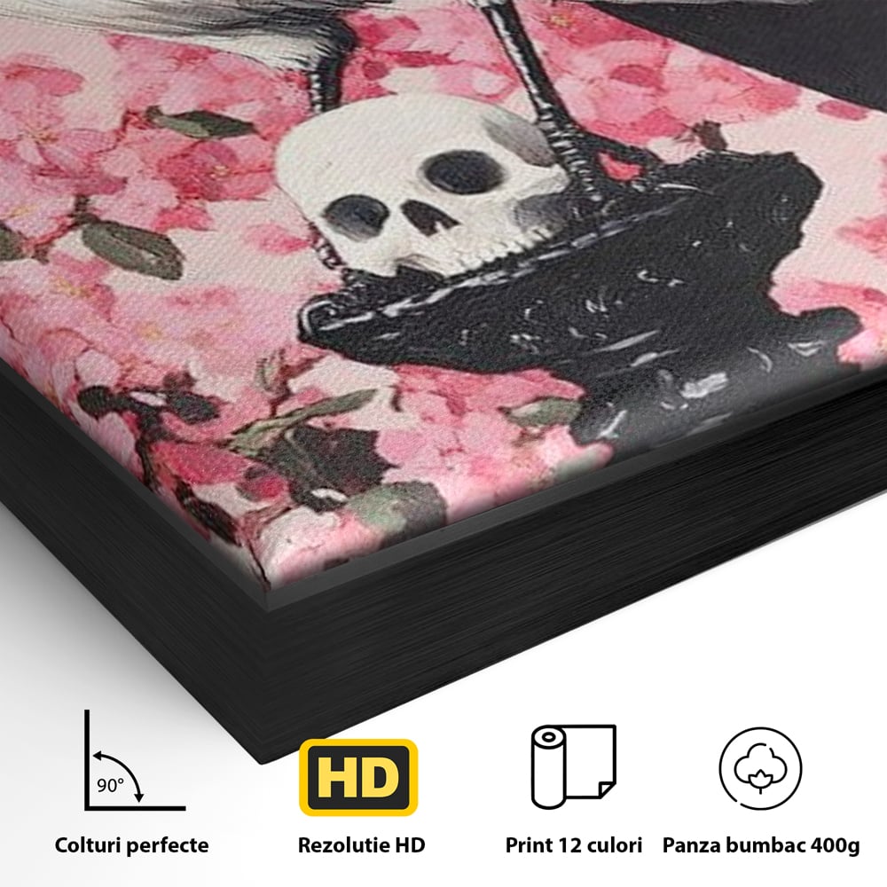 Tablou Canvas Premium, LuxCanva® M1083, Primavara Nemuritoare, Corb, Primavara, Melancolie, Anotimp, Simbolism, Flori, Roz, Negru, Piedestal, Birou, Living, Camera Copil