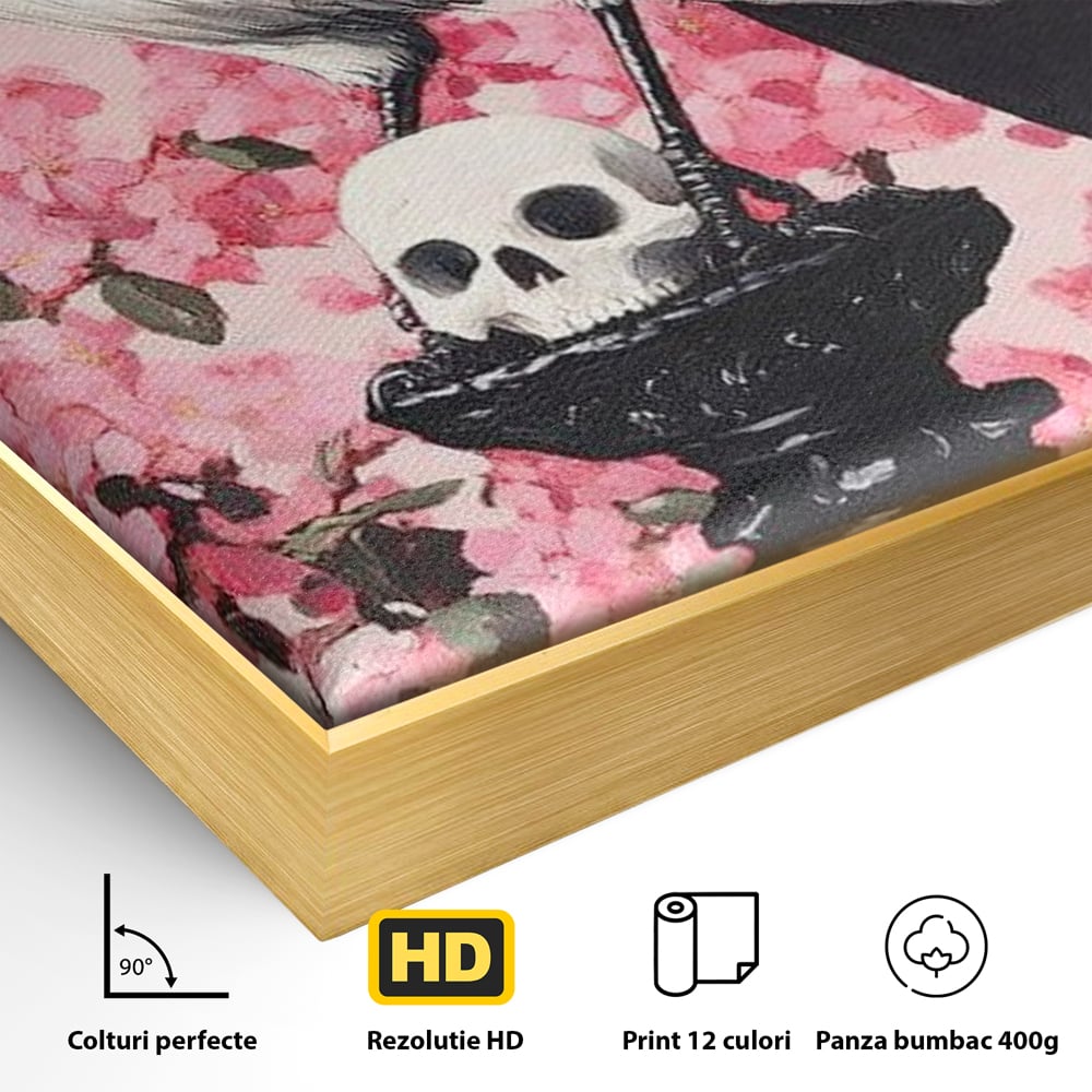 Tablou Canvas Premium, LuxCanva® M1083, Primavara Nemuritoare, Corb, Primavara, Melancolie, Anotimp, Simbolism, Flori, Roz, Negru, Piedestal, Birou, Living, Camera Copil