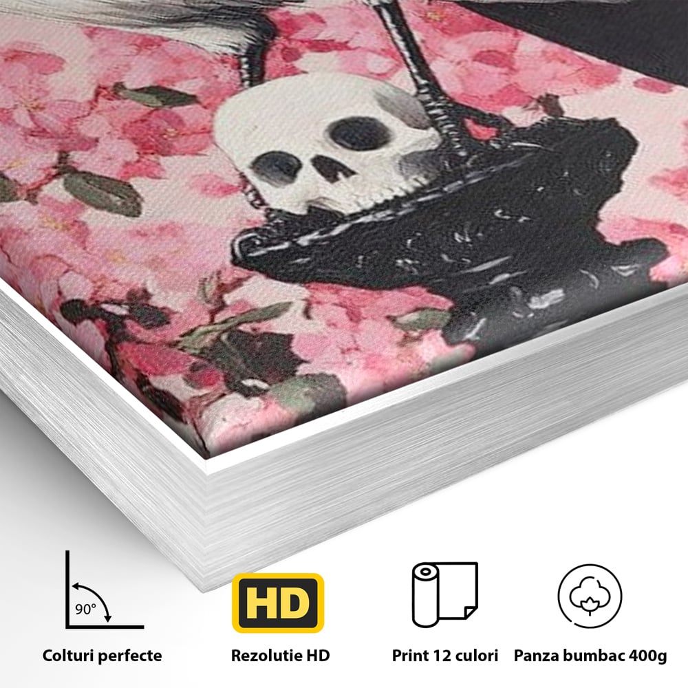 Tablou Canvas Premium, LuxCanva® M1083, Primavara Nemuritoare, Corb, Primavara, Melancolie, Anotimp, Simbolism, Flori, Roz, Negru, Piedestal, Birou, Living, Camera Copil