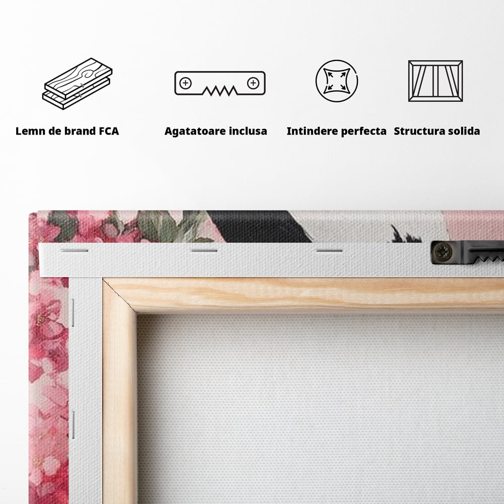 Tablou Canvas Premium, LuxCanva® M1083, Primavara Nemuritoare, Corb, Primavara, Melancolie, Anotimp, Simbolism, Flori, Roz, Negru, Piedestal, Birou, Living, Camera Copil