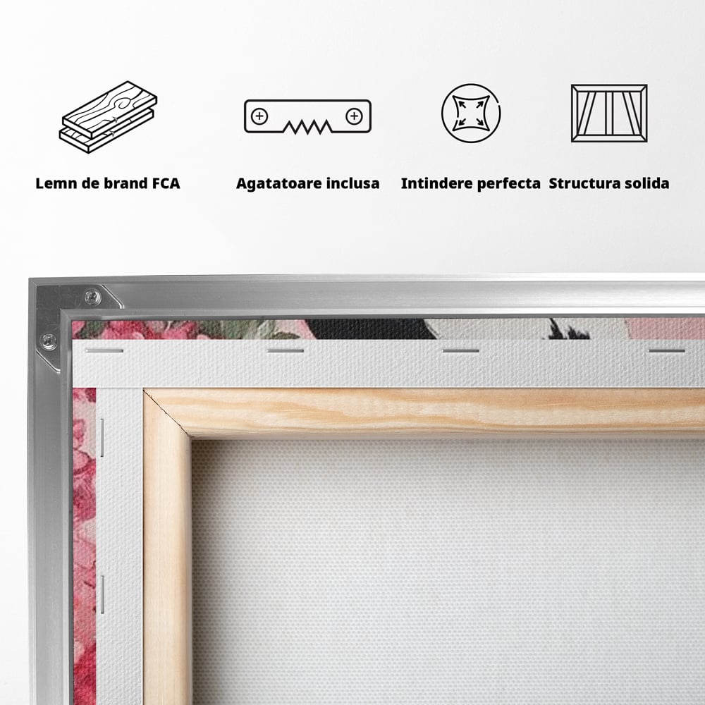 Tablou Canvas Premium, LuxCanva® M1083, Primavara Nemuritoare, Corb, Primavara, Melancolie, Anotimp, Simbolism, Flori, Roz, Negru, Piedestal, Birou, Living, Camera Copil