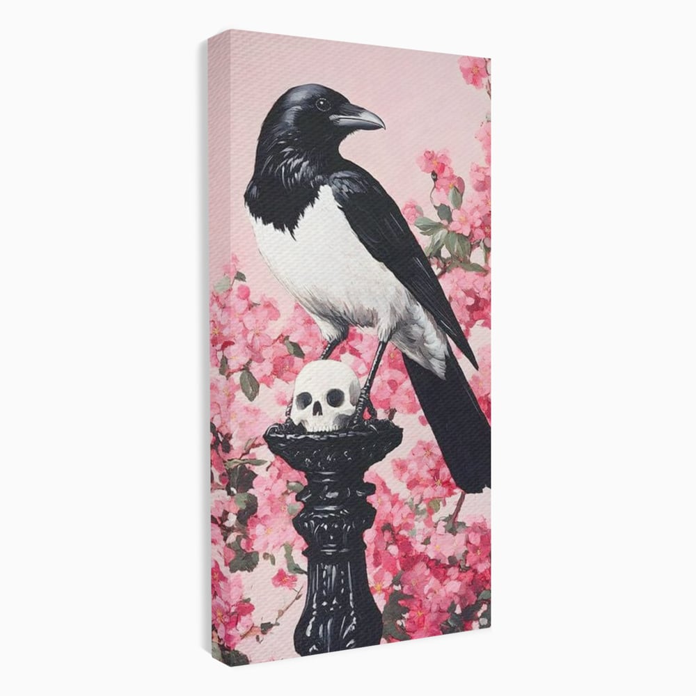 Tablou Canvas Premium, LuxCanva® M1083, Primavara Nemuritoare, Corb, Primavara, Melancolie, Anotimp, Simbolism, Flori, Roz, Negru, Piedestal, Birou, Living, Camera Copil