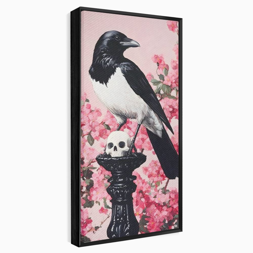 Tablou Canvas Premium, LuxCanva® M1083, Primavara Nemuritoare, Corb, Primavara, Melancolie, Anotimp, Simbolism, Flori, Roz, Negru, Piedestal, Birou, Living, Camera Copil
