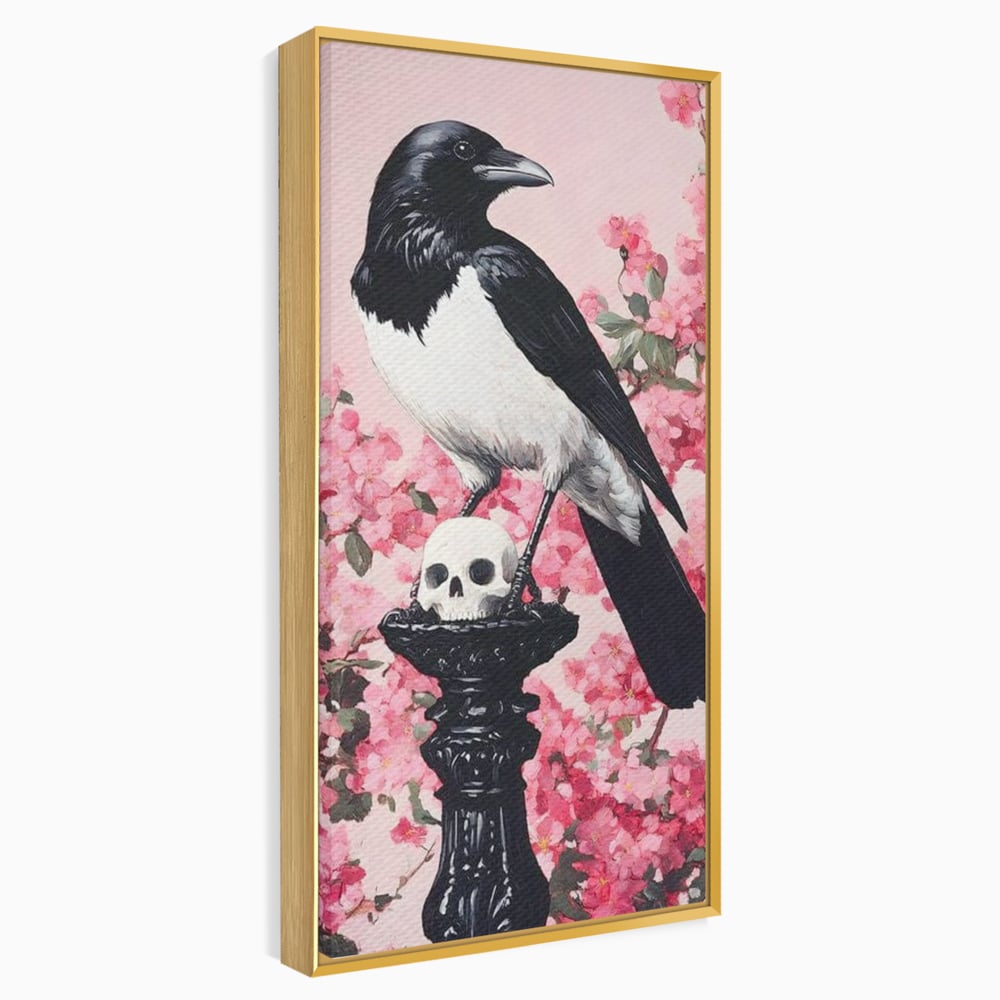 Tablou Canvas Premium, LuxCanva® M1083, Primavara Nemuritoare, Corb, Primavara, Melancolie, Anotimp, Simbolism, Flori, Roz, Negru, Piedestal, Birou, Living, Camera Copil