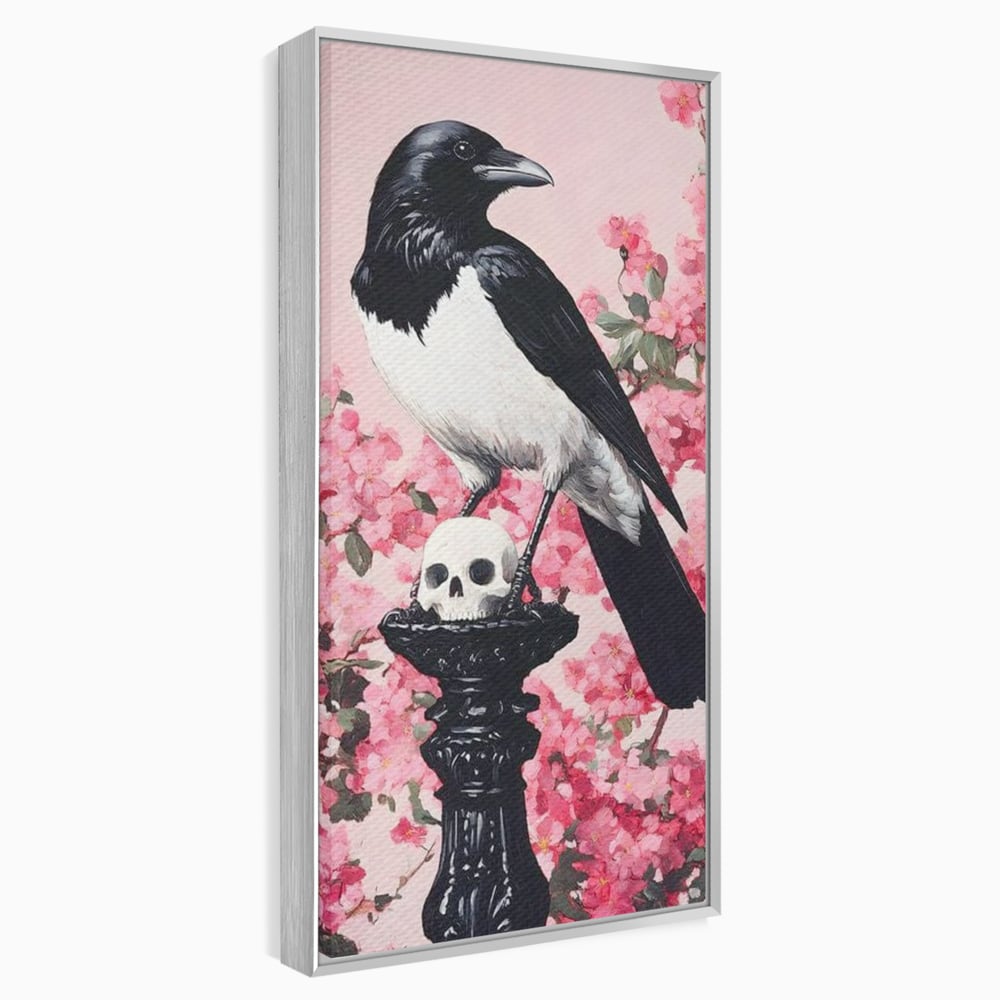 Tablou Canvas Premium, LuxCanva® M1083, Primavara Nemuritoare, Corb, Primavara, Melancolie, Anotimp, Simbolism, Flori, Roz, Negru, Piedestal, Birou, Living, Camera Copil