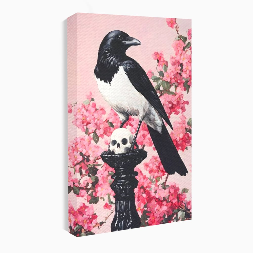 Tablou Canvas Premium, LuxCanva® M1083, Primavara Nemuritoare, Corb, Primavara, Melancolie, Anotimp, Simbolism, Flori, Roz, Negru, Piedestal, Birou, Living, Camera Copil