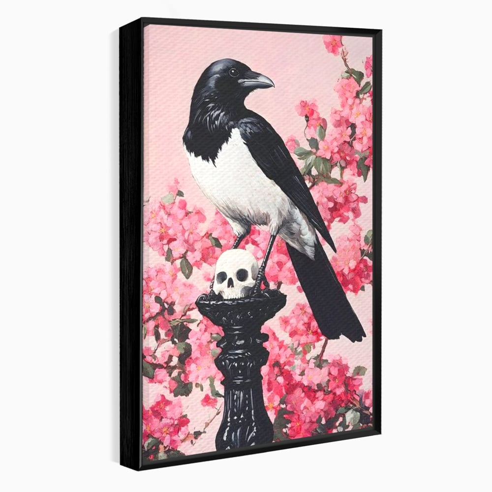 Tablou Canvas Premium, LuxCanva® M1083, Primavara Nemuritoare, Corb, Primavara, Melancolie, Anotimp, Simbolism, Flori, Roz, Negru, Piedestal, Birou, Living, Camera Copil