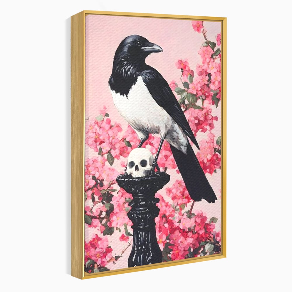 Tablou Canvas Premium, LuxCanva® M1083, Primavara Nemuritoare, Corb, Primavara, Melancolie, Anotimp, Simbolism, Flori, Roz, Negru, Piedestal, Birou, Living, Camera Copil