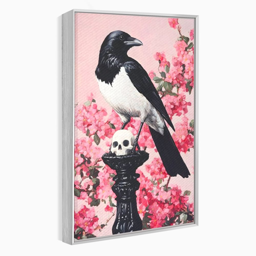 Tablou Canvas Premium, LuxCanva® M1083, Primavara Nemuritoare, Corb, Primavara, Melancolie, Anotimp, Simbolism, Flori, Roz, Negru, Piedestal, Birou, Living, Camera Copil