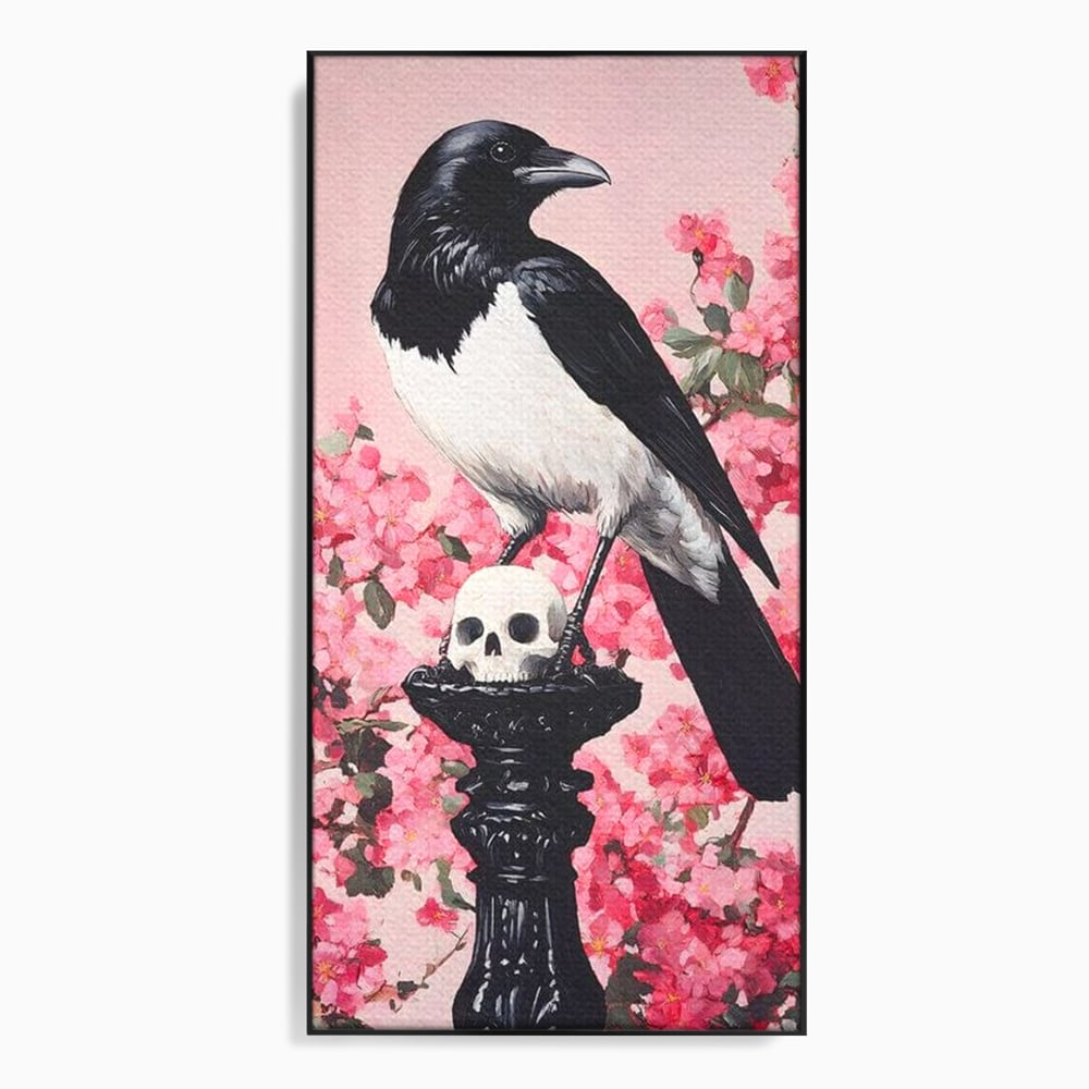 Tablou Canvas Premium, LuxCanva® M1083, Primavara Nemuritoare, Corb, Primavara, Melancolie, Anotimp, Simbolism, Flori, Roz, Negru, Piedestal, Birou, Living, Camera Copil