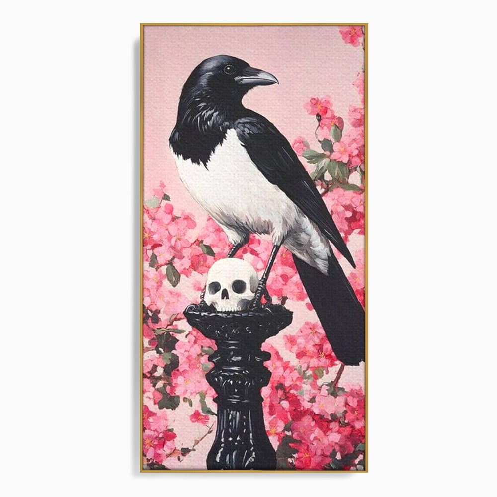 Tablou Canvas Premium, LuxCanva® M1083, Primavara Nemuritoare, Corb, Primavara, Melancolie, Anotimp, Simbolism, Flori, Roz, Negru, Piedestal, Birou, Living, Camera Copil