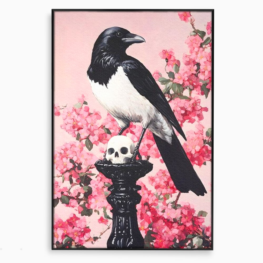 Tablou Canvas Premium, LuxCanva® M1083, Primavara Nemuritoare, Corb, Primavara, Melancolie, Anotimp, Simbolism, Flori, Roz, Negru, Piedestal, Birou, Living, Camera Copil