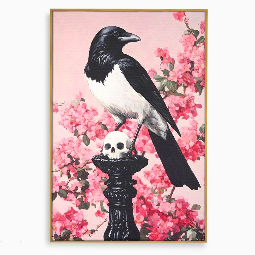 Tablou Canvas Premium, LuxCanva® M1083, Primavara Nemuritoare, Corb, Primavara, Melancolie, Anotimp, Simbolism, Flori, Roz, Negru, Piedestal, Birou, Living, Camera Copil