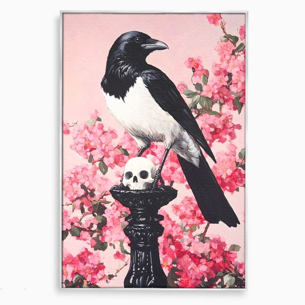 Tablou Canvas Premium, LuxCanva® M1083, Primavara Nemuritoare, Corb, Primavara, Melancolie, Anotimp, Simbolism, Flori, Roz, Negru, Piedestal, Birou, Living, Camera Copil