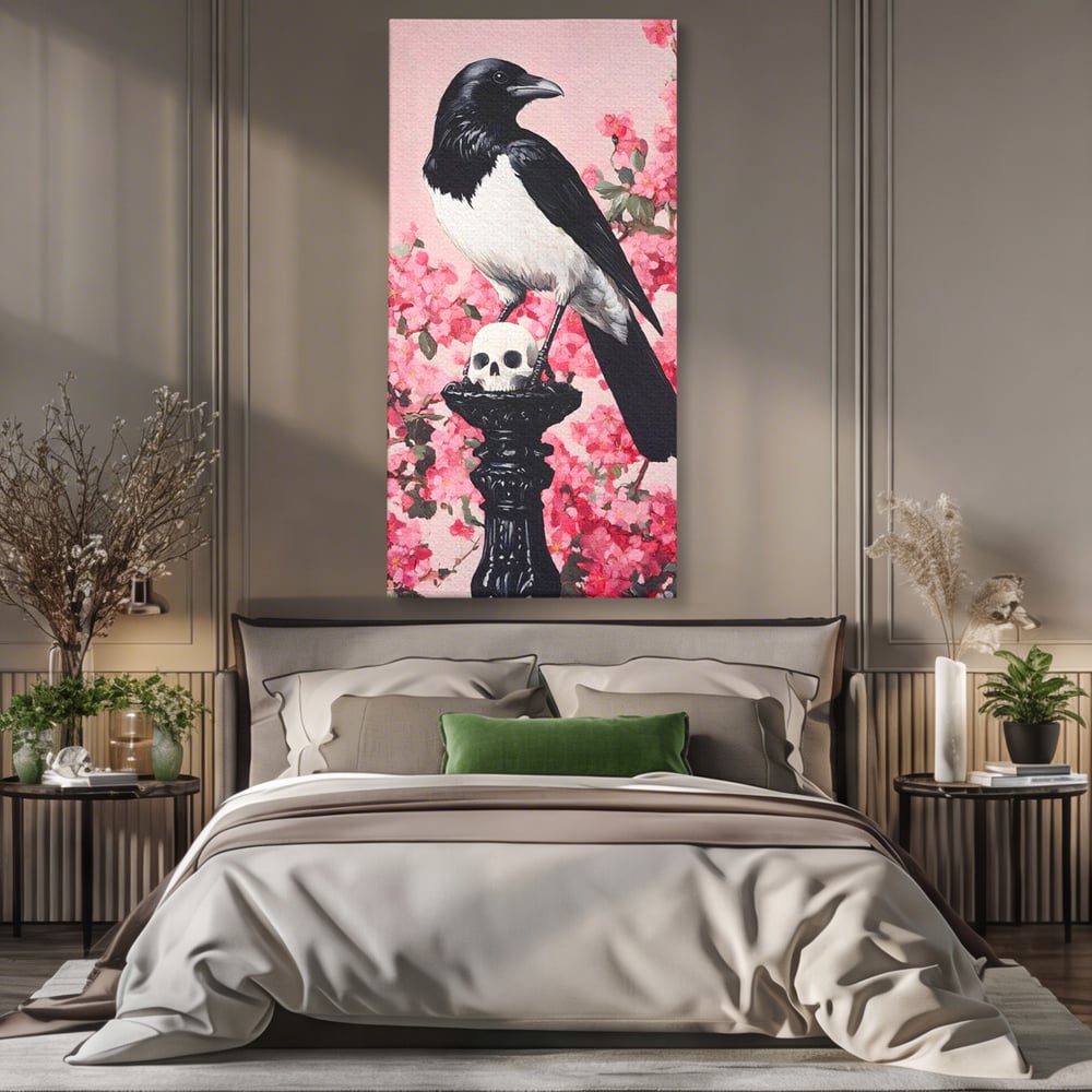 Tablou Canvas Premium, LuxCanva® M1083, Primavara Nemuritoare, Corb, Primavara, Melancolie, Anotimp, Simbolism, Flori, Roz, Negru, Piedestal, Birou, Living, Camera Copil