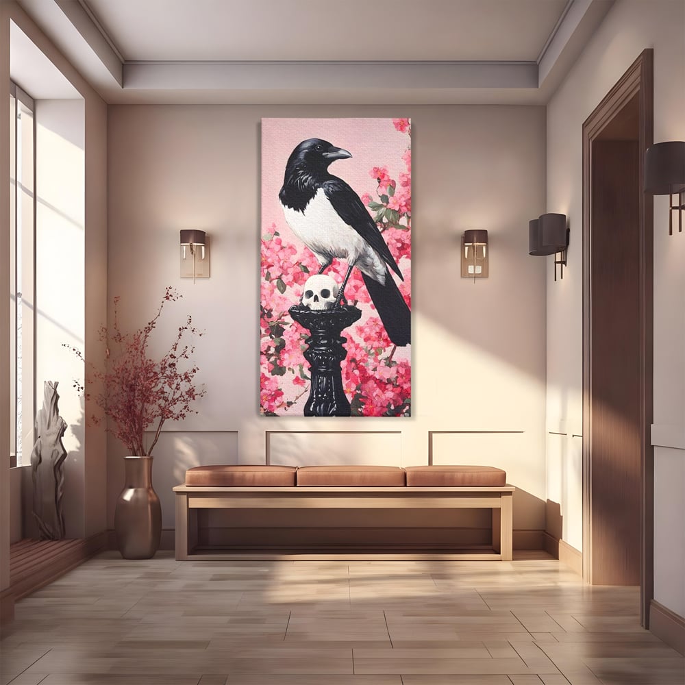 Tablou Canvas Premium, LuxCanva® M1083, Primavara Nemuritoare, Corb, Primavara, Melancolie, Anotimp, Simbolism, Flori, Roz, Negru, Piedestal, Birou, Living, Camera Copil