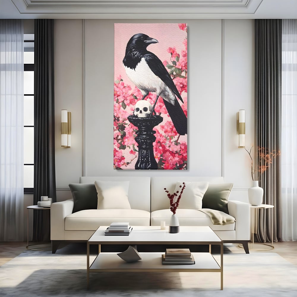 Tablou Canvas Premium, LuxCanva® M1083, Primavara Nemuritoare, Corb, Primavara, Melancolie, Anotimp, Simbolism, Flori, Roz, Negru, Piedestal, Birou, Living, Camera Copil