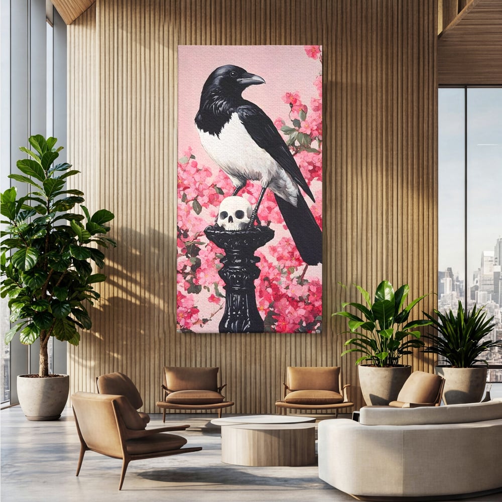 Tablou Canvas Premium, LuxCanva® M1083, Primavara Nemuritoare, Corb, Primavara, Melancolie, Anotimp, Simbolism, Flori, Roz, Negru, Piedestal, Birou, Living, Camera Copil