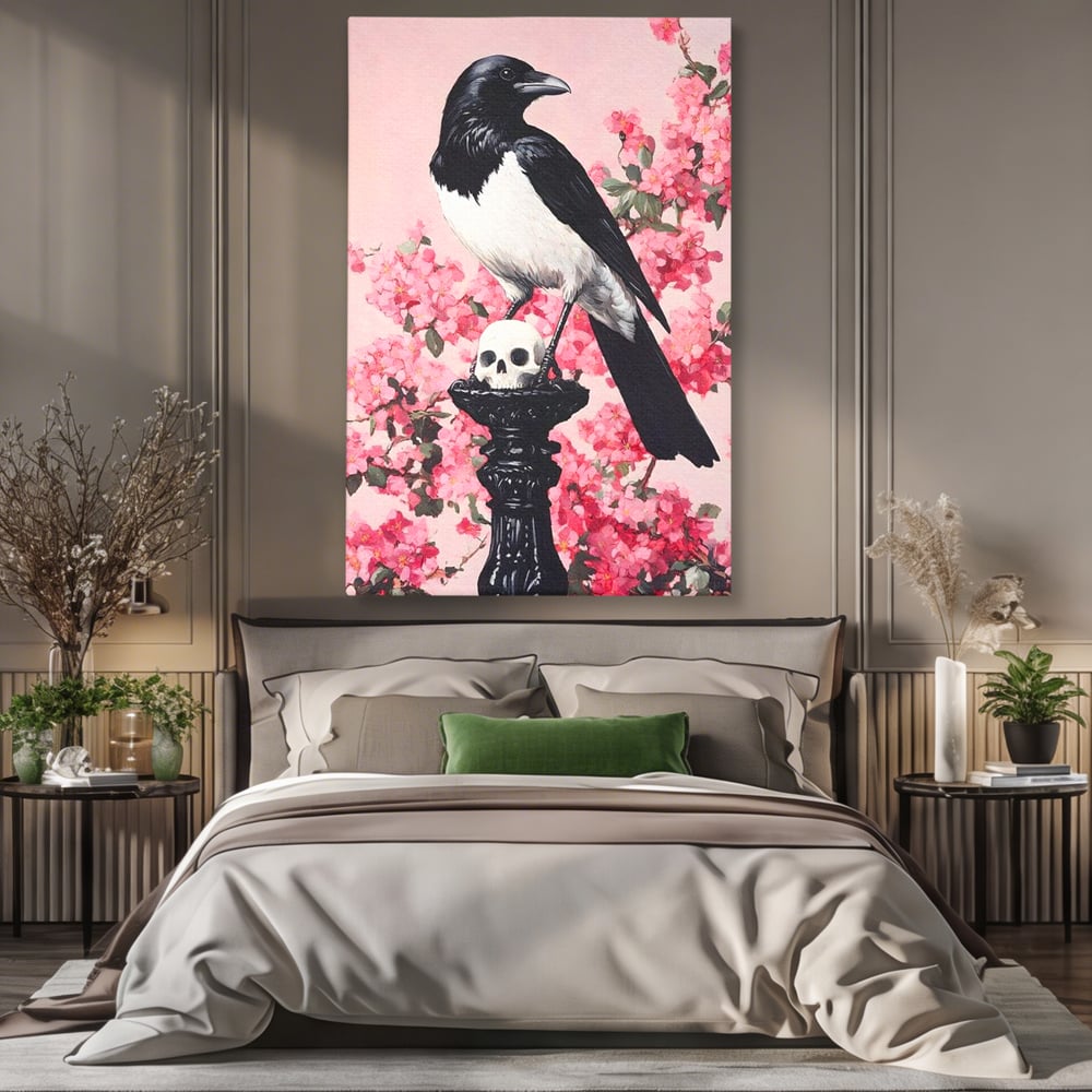 Tablou Canvas Premium, LuxCanva® M1083, Primavara Nemuritoare, Corb, Primavara, Melancolie, Anotimp, Simbolism, Flori, Roz, Negru, Piedestal, Birou, Living, Camera Copil