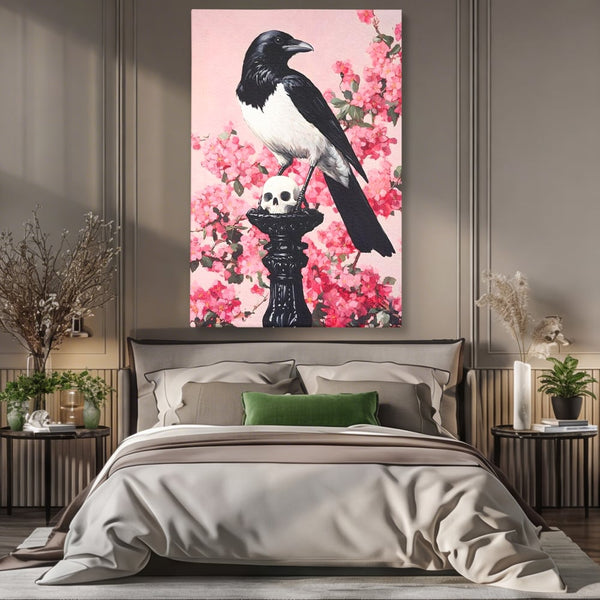 Tablou Canvas Premium, LuxCanva® M1083, Primavara Nemuritoare, Corb, Primavara, Melancolie, Anotimp, Simbolism, Flori, Roz, Negru, Piedestal, Birou, Living, Camera Copil