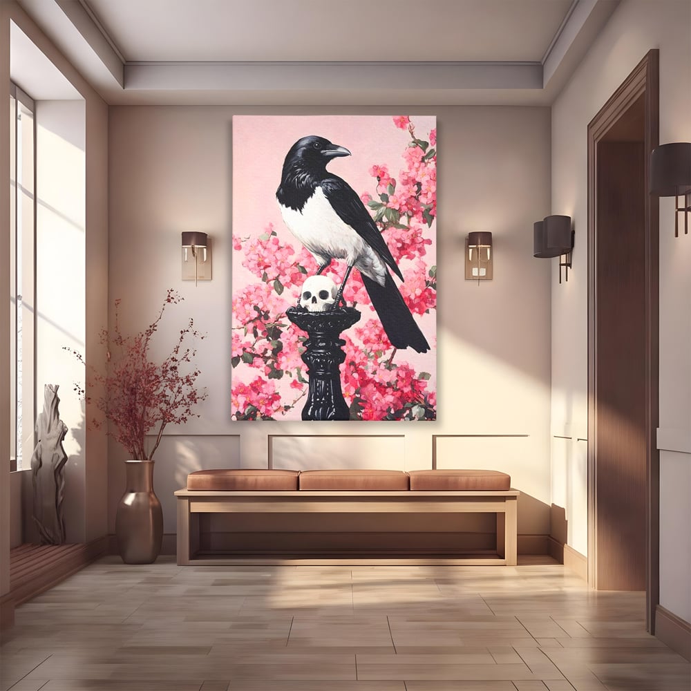 Tablou Canvas Premium, LuxCanva® M1083, Primavara Nemuritoare, Corb, Primavara, Melancolie, Anotimp, Simbolism, Flori, Roz, Negru, Piedestal, Birou, Living, Camera Copil