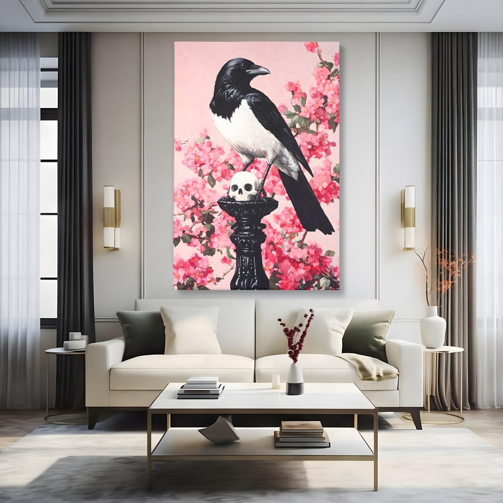 Tablou Canvas Premium, LuxCanva® M1083, Primavara Nemuritoare, Corb, Primavara, Melancolie, Anotimp, Simbolism, Flori, Roz, Negru, Piedestal, Birou, Living, Camera Copil