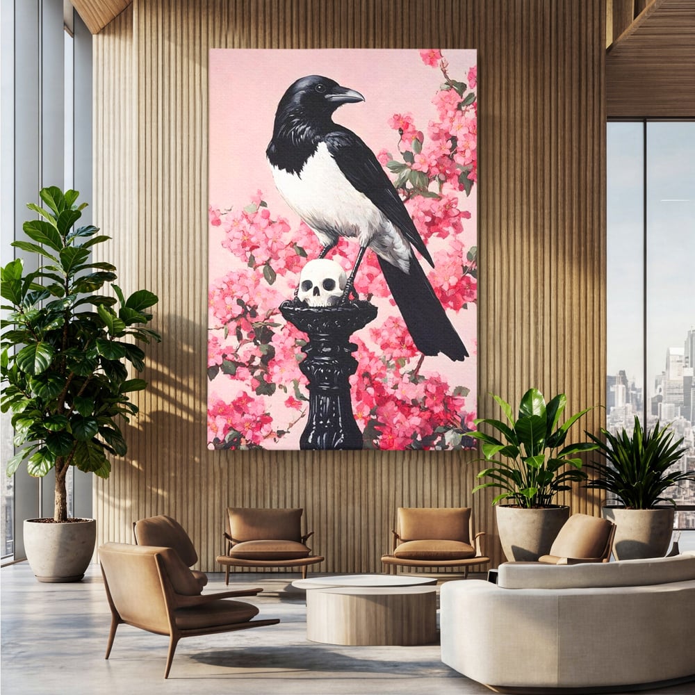 Tablou Canvas Premium, LuxCanva® M1083, Primavara Nemuritoare, Corb, Primavara, Melancolie, Anotimp, Simbolism, Flori, Roz, Negru, Piedestal, Birou, Living, Camera Copil