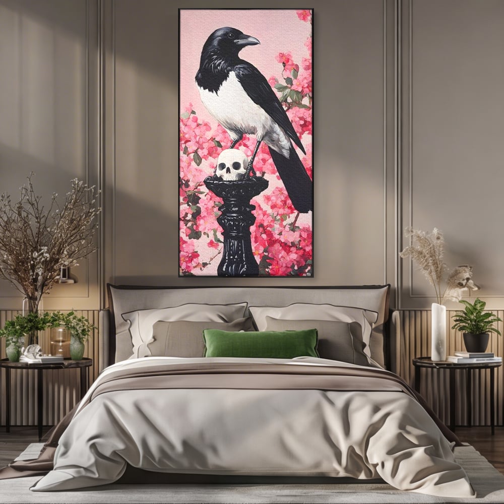Tablou Canvas Premium, LuxCanva® M1083, Primavara Nemuritoare, Corb, Primavara, Melancolie, Anotimp, Simbolism, Flori, Roz, Negru, Piedestal, Birou, Living, Camera Copil