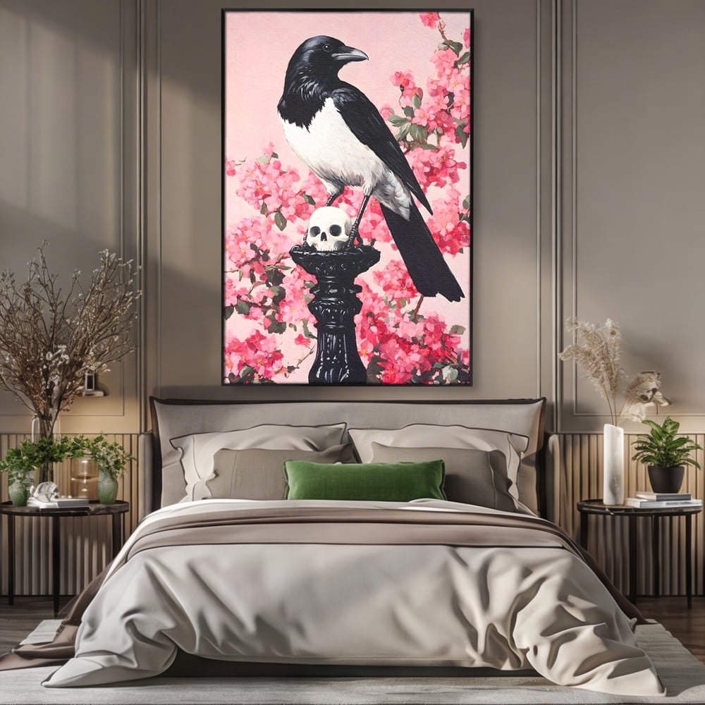 Tablou Canvas Premium, LuxCanva® M1083, Primavara Nemuritoare, Corb, Primavara, Melancolie, Anotimp, Simbolism, Flori, Roz, Negru, Piedestal, Birou, Living, Camera Copil